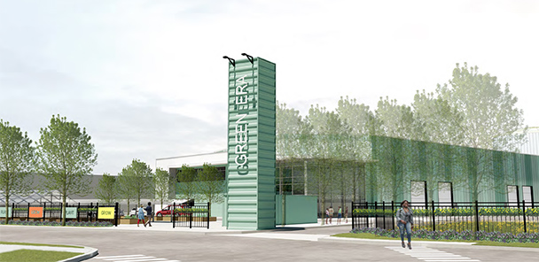 Rendering of the Green Era Sustainability Campus which has a light green tower-like structure.